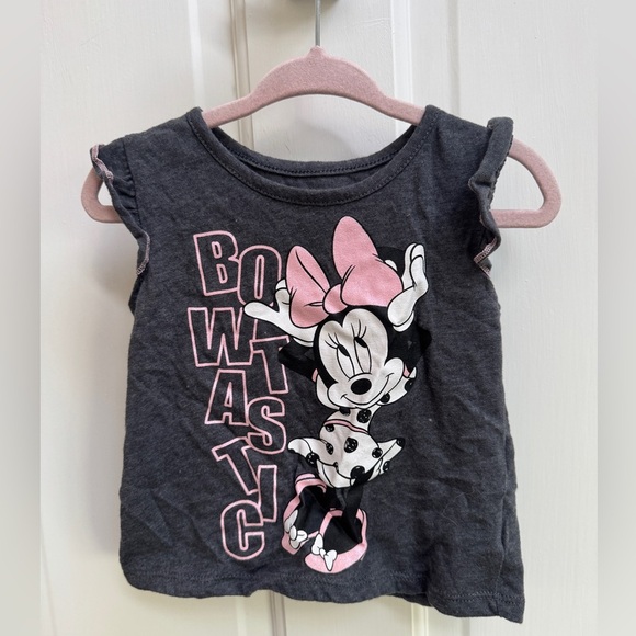 Disney Junior Minnie Mouse 18M Girls Gray & Pink Bowtastic Short Sleeve Blouse - Picture 1 of 4